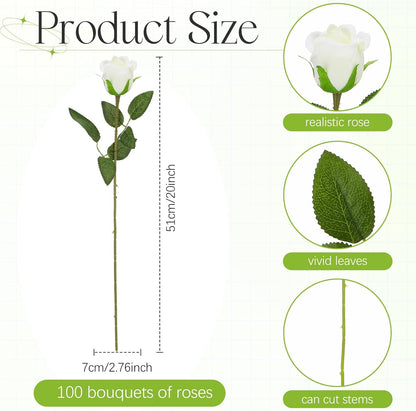 100 Pieces Artificial Roses Flowers Bulk, Long Stem Realistic Fake Silk Roses Bouquet for Table Centerpiece Vases Wedding Party Kitchen Decor(White)