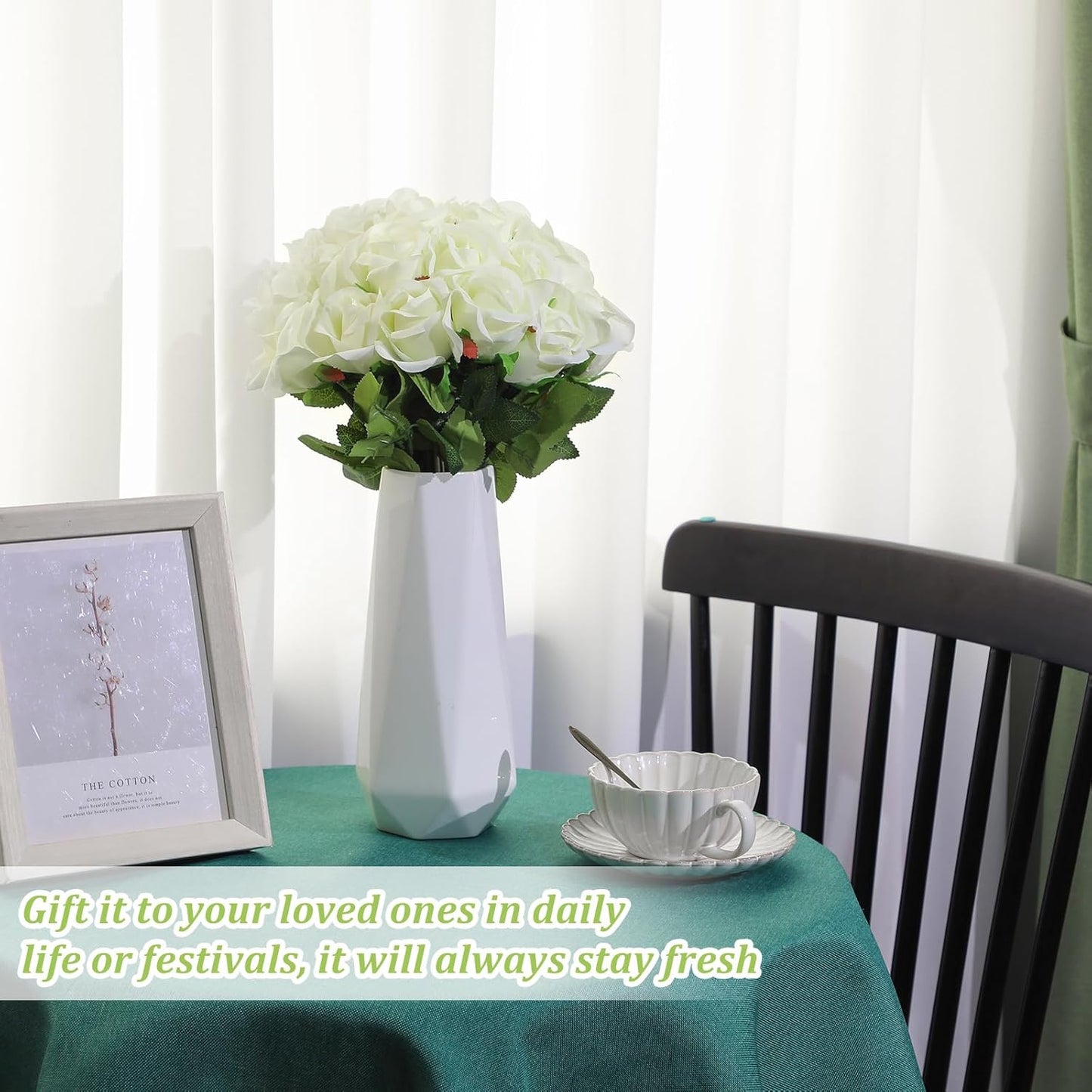 100 Pieces Artificial Roses Flowers Bulk, Long Stem Realistic Fake Silk Roses Bouquet for Table Centerpiece Vases Wedding Party Kitchen Decor(White)