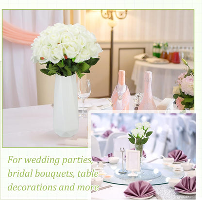 100 Pieces Artificial Roses Flowers Bulk, Long Stem Realistic Fake Silk Roses Bouquet for Table Centerpiece Vases Wedding Party Kitchen Decor(White)