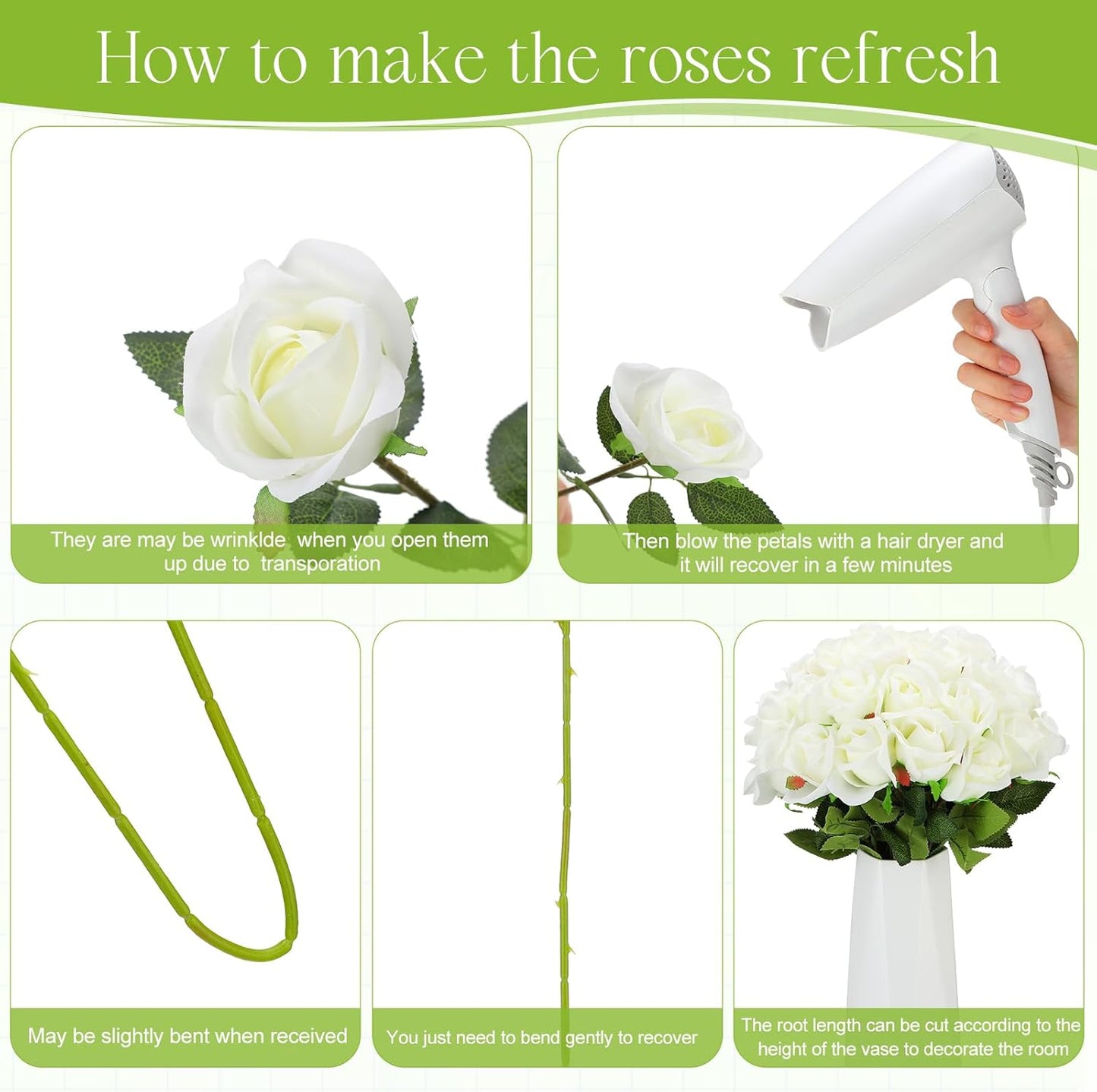 100 Pieces Artificial Roses Flowers Bulk, Long Stem Realistic Fake Silk Roses Bouquet for Table Centerpiece Vases Wedding Party Kitchen Decor(White)