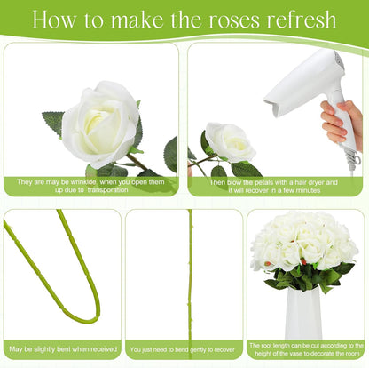 100 Pieces Artificial Roses Flowers Bulk, Long Stem Realistic Fake Silk Roses Bouquet for Table Centerpiece Vases Wedding Party Kitchen Decor(White)