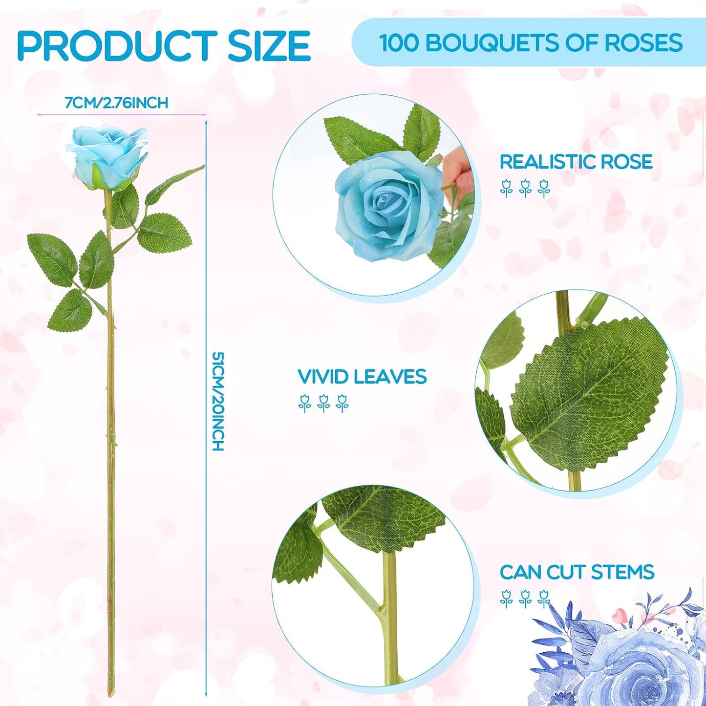 100 Pieces Artificial Roses Flowers Bulk, Long Stem Realistic Fake Silk Roses Bouquet for Table Centerpiece Vases Wedding Party Kitchen Decor(White)
