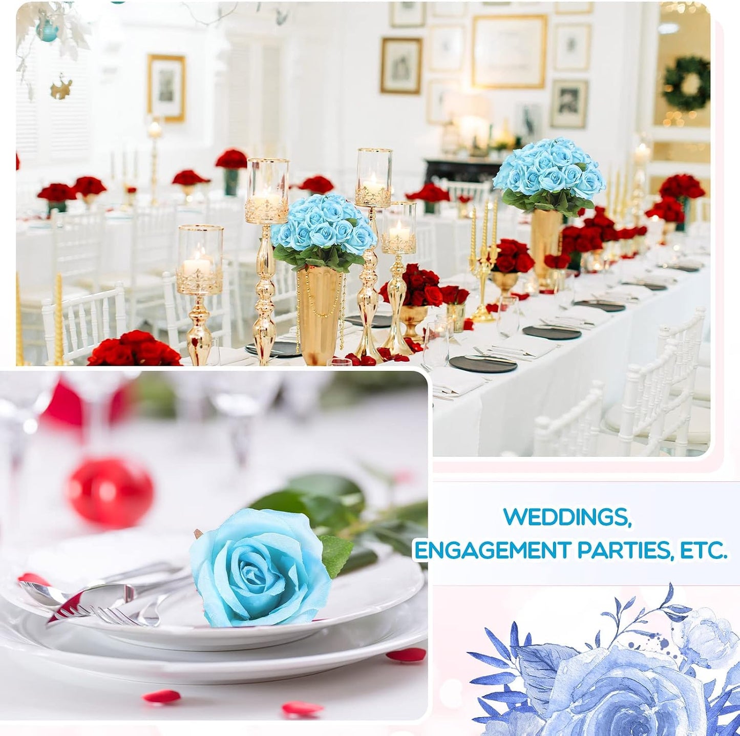 100 Pieces Artificial Roses Flowers Bulk, Long Stem Realistic Fake Silk Roses Bouquet for Table Centerpiece Vases Wedding Party Kitchen Decor(White)