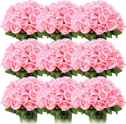 100 Pieces Artificial Roses Flowers Bulk, Long Stem Realistic Fake Silk Roses Bouquet for Table Centerpiece Vases Wedding Party Kitchen Decor(White)