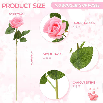 100 Pieces Artificial Roses Flowers Bulk, Long Stem Realistic Fake Silk Roses Bouquet for Table Centerpiece Vases Wedding Party Kitchen Decor(White)