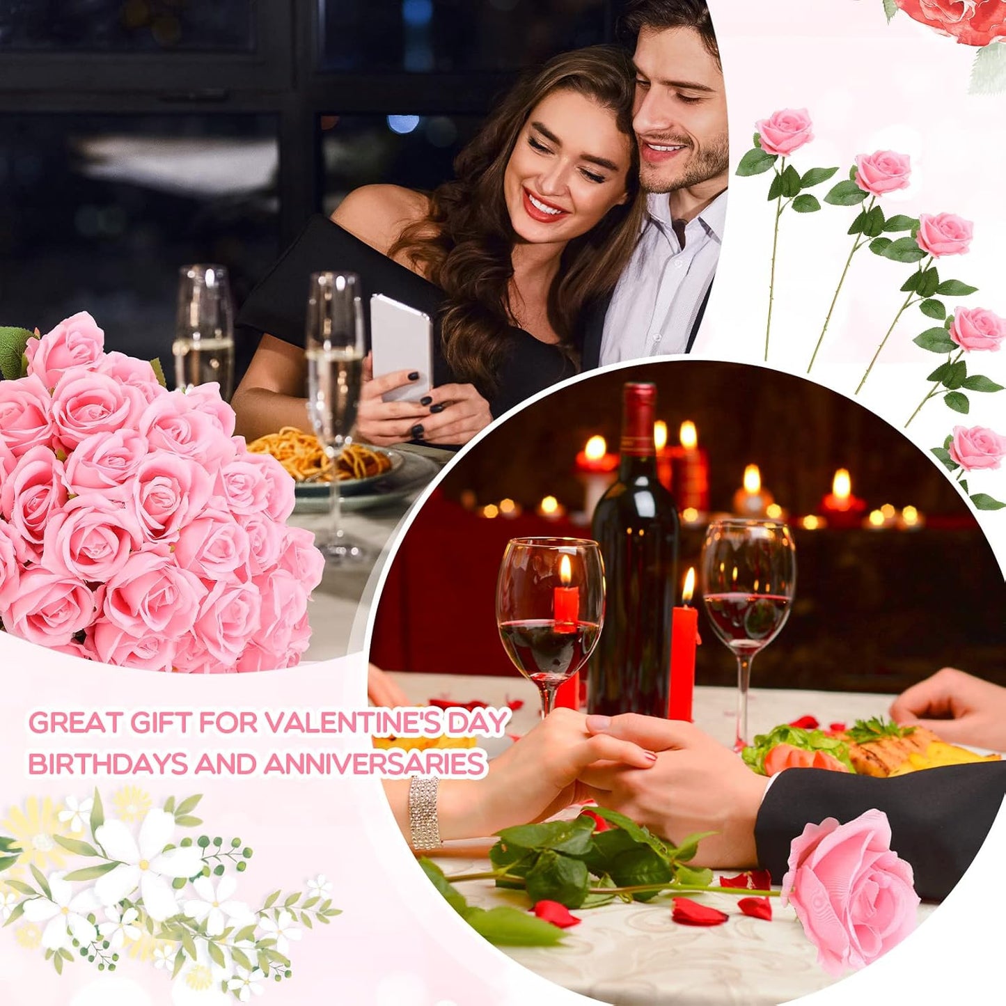 100 Pieces Artificial Roses Flowers Bulk, Long Stem Realistic Fake Silk Roses Bouquet for Table Centerpiece Vases Wedding Party Kitchen Decor(White)