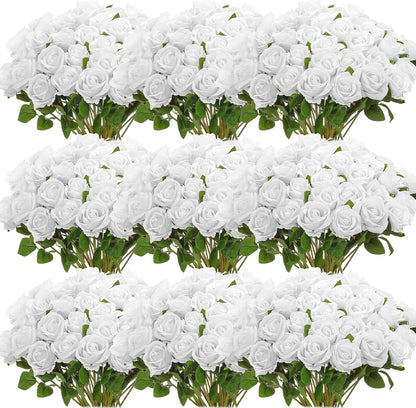 100 Pieces Artificial Roses Flowers Bulk, Long Stem Realistic Fake Silk Roses Bouquet for Table Centerpiece Vases Wedding Party Kitchen Decor(White)