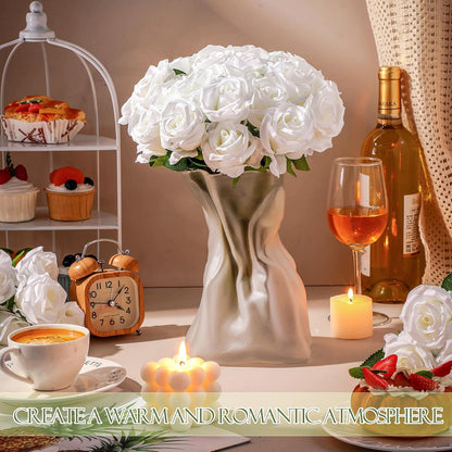 100 Pieces Artificial Roses Flowers Bulk, Long Stem Realistic Fake Silk Roses Bouquet for Table Centerpiece Vases Wedding Party Kitchen Decor(White)