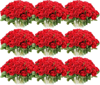 100 Pieces Artificial Roses Flowers Bulk, Long Stem Realistic Fake Silk Roses Bouquet for Table Centerpiece Vases Wedding Party Kitchen Decor(White)