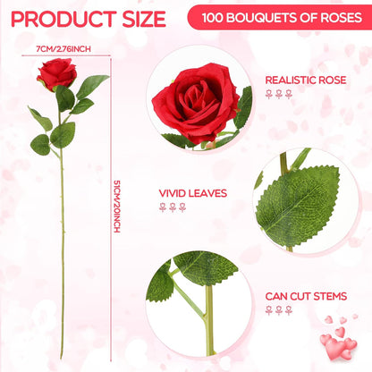 100 Pieces Artificial Roses Flowers Bulk, Long Stem Realistic Fake Silk Roses Bouquet for Table Centerpiece Vases Wedding Party Kitchen Decor(White)