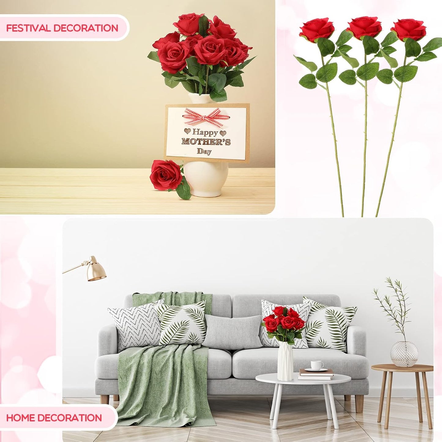 100 Pieces Artificial Roses Flowers Bulk, Long Stem Realistic Fake Silk Roses Bouquet for Table Centerpiece Vases Wedding Party Kitchen Decor(White)