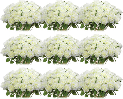 100 Pieces Artificial Roses Flowers Bulk, Long Stem Realistic Fake Silk Roses Bouquet for Table Centerpiece Vases Wedding Party Kitchen Decor(White)