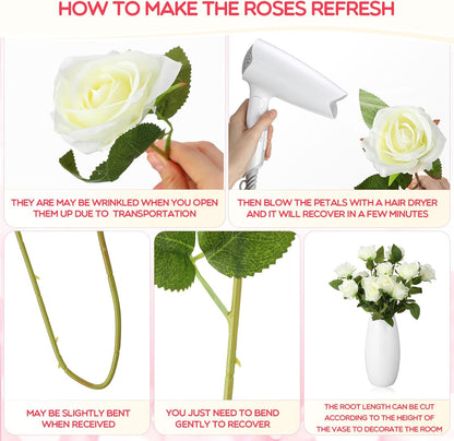 100 Pieces Artificial Roses Flowers Bulk, Long Stem Realistic Fake Silk Roses Bouquet for Table Centerpiece Vases Wedding Party Kitchen Decor(White)