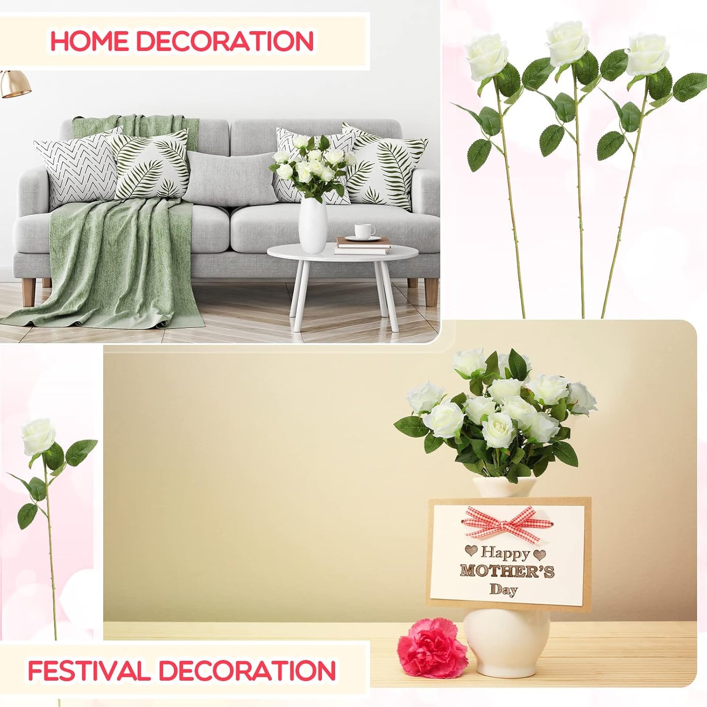 100 Pieces Artificial Roses Flowers Bulk, Long Stem Realistic Fake Silk Roses Bouquet for Table Centerpiece Vases Wedding Party Kitchen Decor(White)