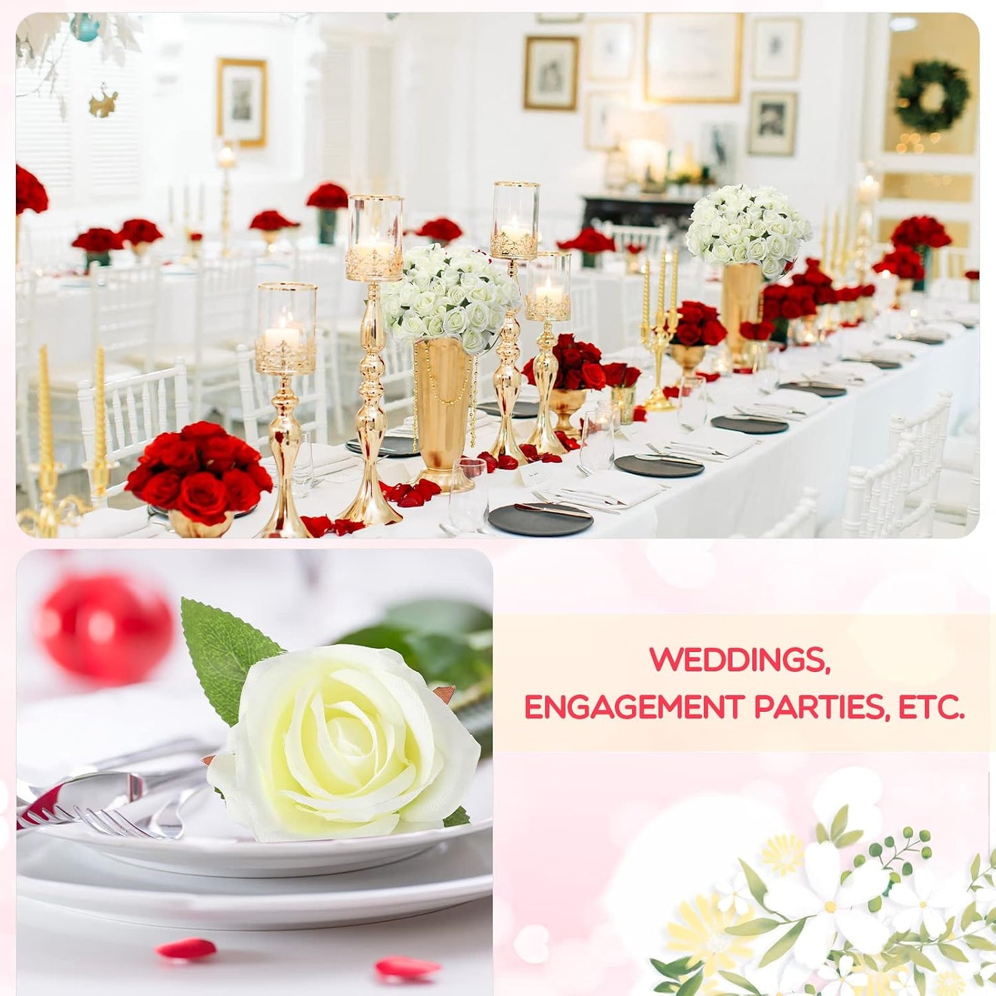 100 Pieces Artificial Roses Flowers Bulk, Long Stem Realistic Fake Silk Roses Bouquet for Table Centerpiece Vases Wedding Party Kitchen Decor(White)
