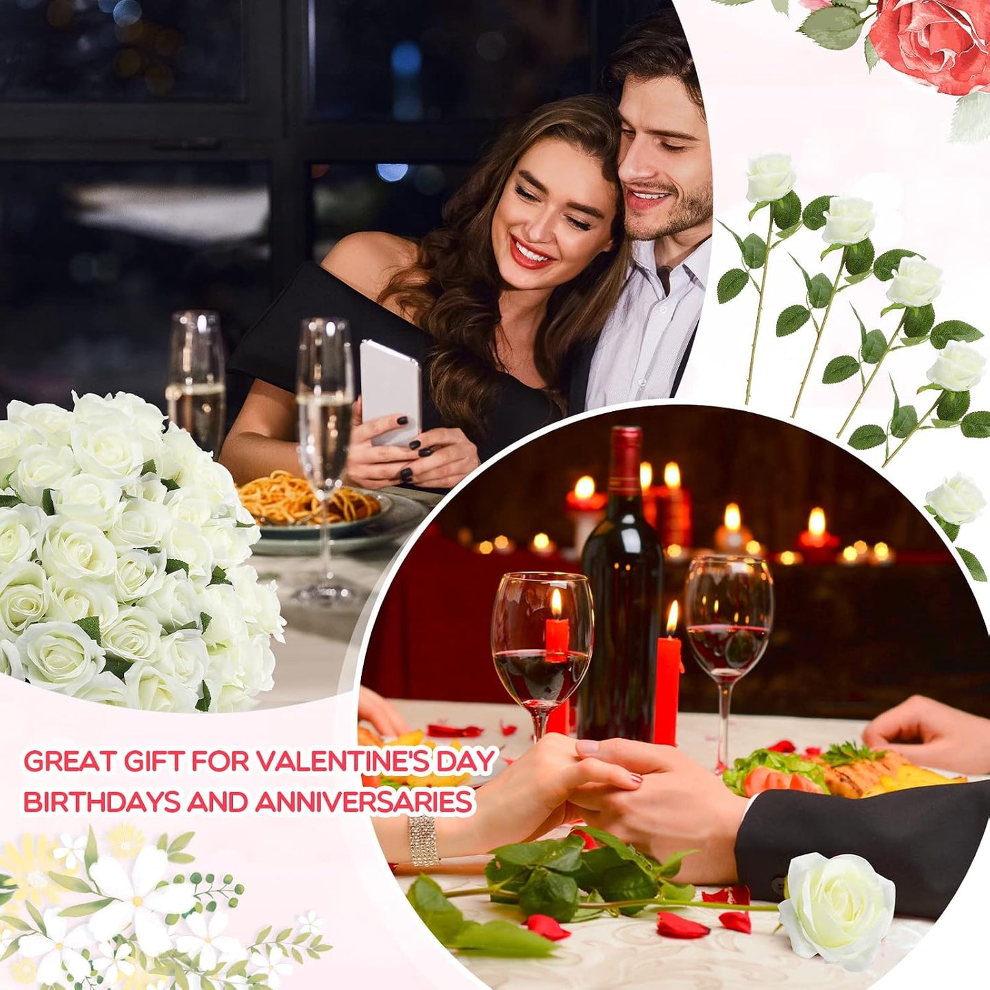 100 Pieces Artificial Roses Flowers Bulk, Long Stem Realistic Fake Silk Roses Bouquet for Table Centerpiece Vases Wedding Party Kitchen Decor(White)