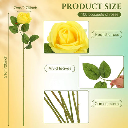 100 Pieces Artificial Roses Flowers Bulk, Long Stem Realistic Fake Silk Roses Bouquet for Table Centerpiece Vases Wedding Party Kitchen Decor(White)