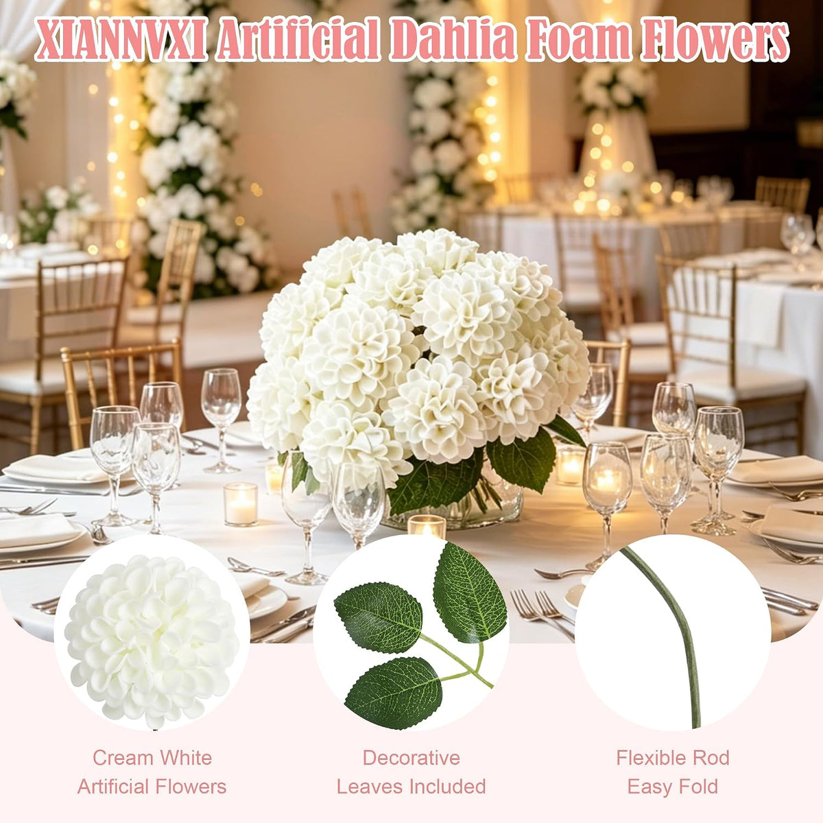 12PCS Cream White Artificial Dahlia Flowers Real Looking