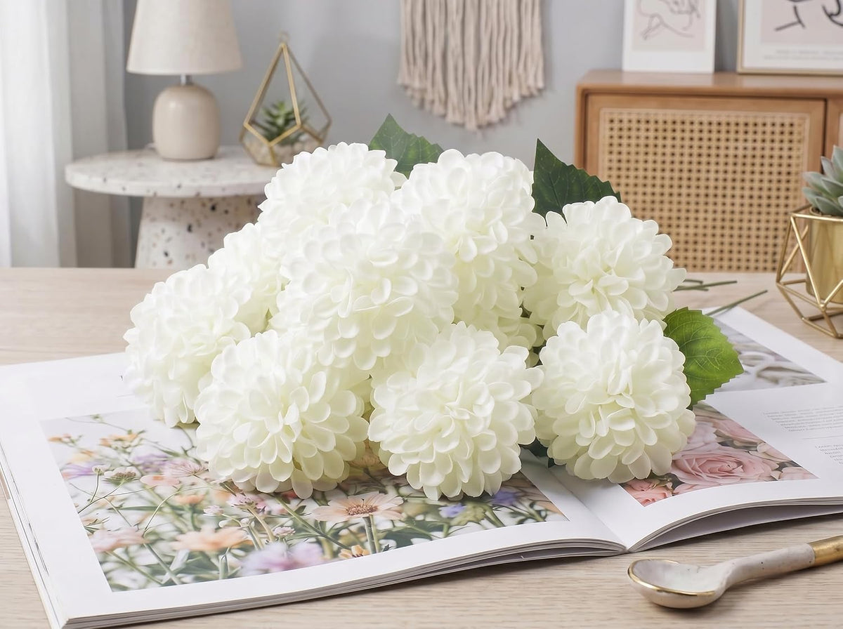 12PCS Cream White Artificial Dahlia Flowers Real Looking