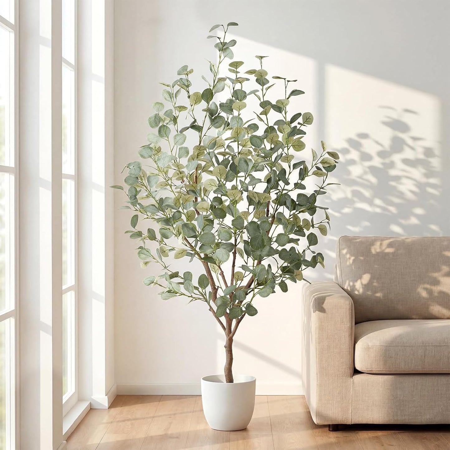 6FT Artificial Eucalyptus Tree Indoor, Faux Eucalyptus Tree with 636 Silk Leaves, Tall Fake Tree - Artificial Tree Indoor for Living Room Office Bedroom Home Decor