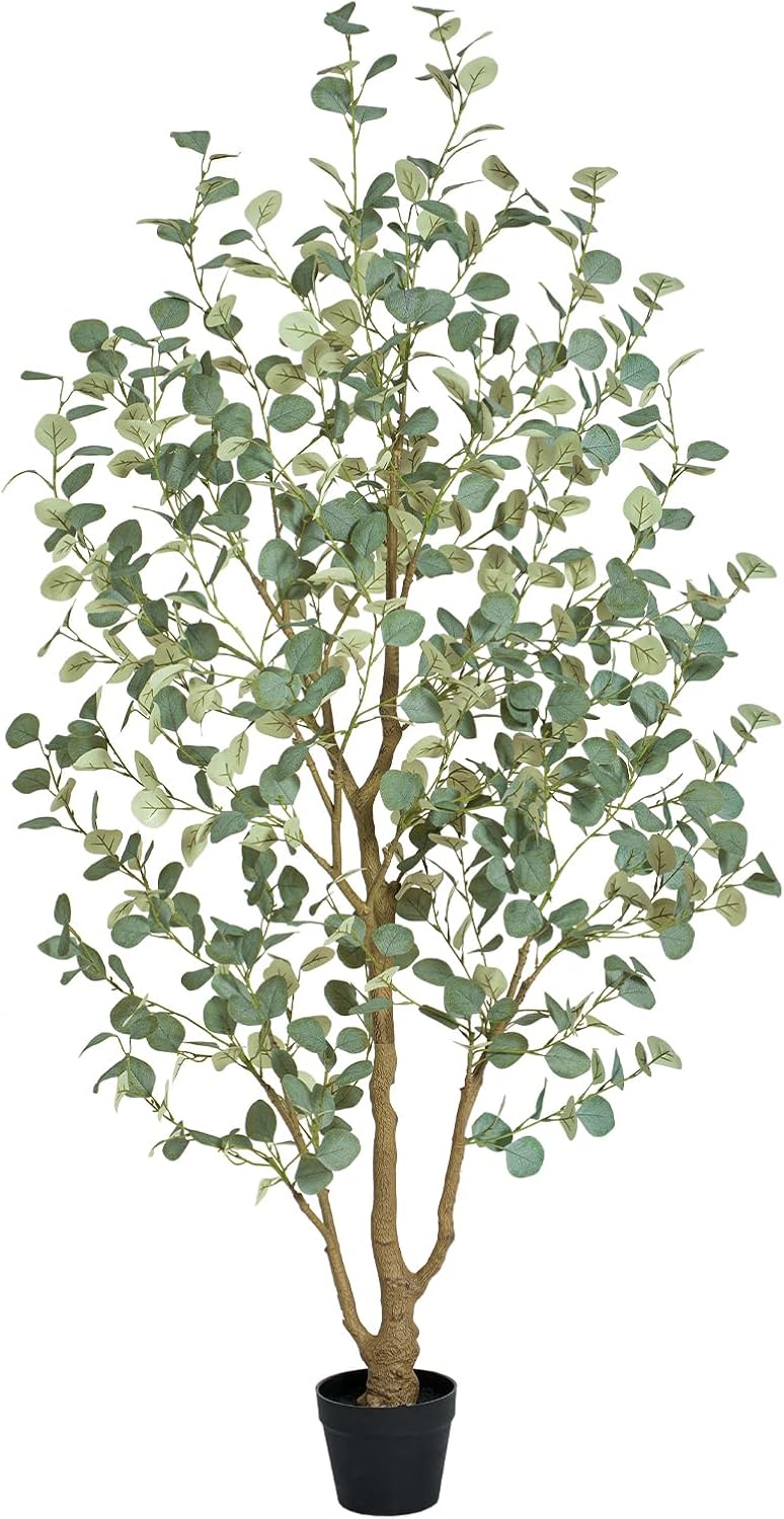 6FT Artificial Eucalyptus Tree Indoor, Faux Eucalyptus Tree with 636 Silk Leaves, Tall Fake Tree - Artificial Tree Indoor for Living Room Office Bedroom Home Decor