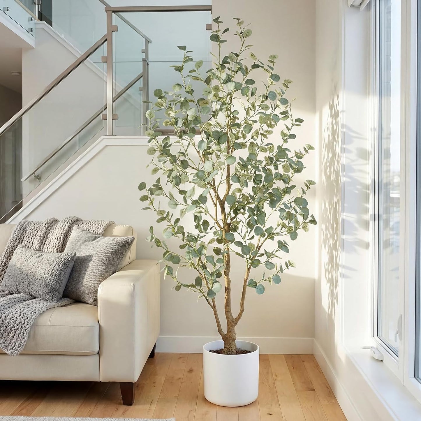 6FT Artificial Eucalyptus Tree Indoor, Faux Eucalyptus Tree with 636 Silk Leaves, Tall Fake Tree - Artificial Tree Indoor for Living Room Office Bedroom Home Decor
