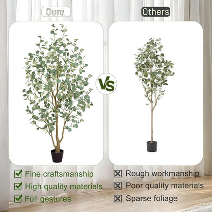 6FT Artificial Eucalyptus Tree Indoor, Faux Eucalyptus Tree with 636 Silk Leaves, Tall Fake Tree - Artificial Tree Indoor for Living Room Office Bedroom Home Decor