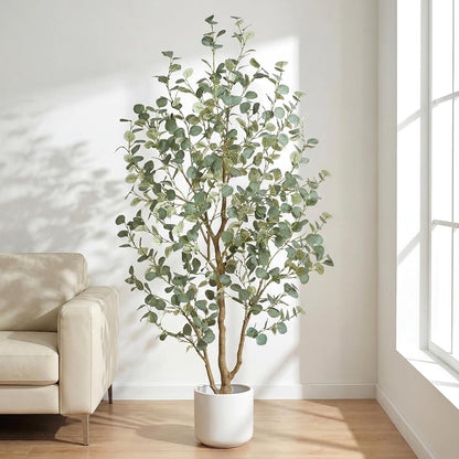 6FT Artificial Eucalyptus Tree Indoor, Faux Eucalyptus Tree with 636 Silk Leaves, Tall Fake Tree - Artificial Tree Indoor for Living Room Office Bedroom Home Decor