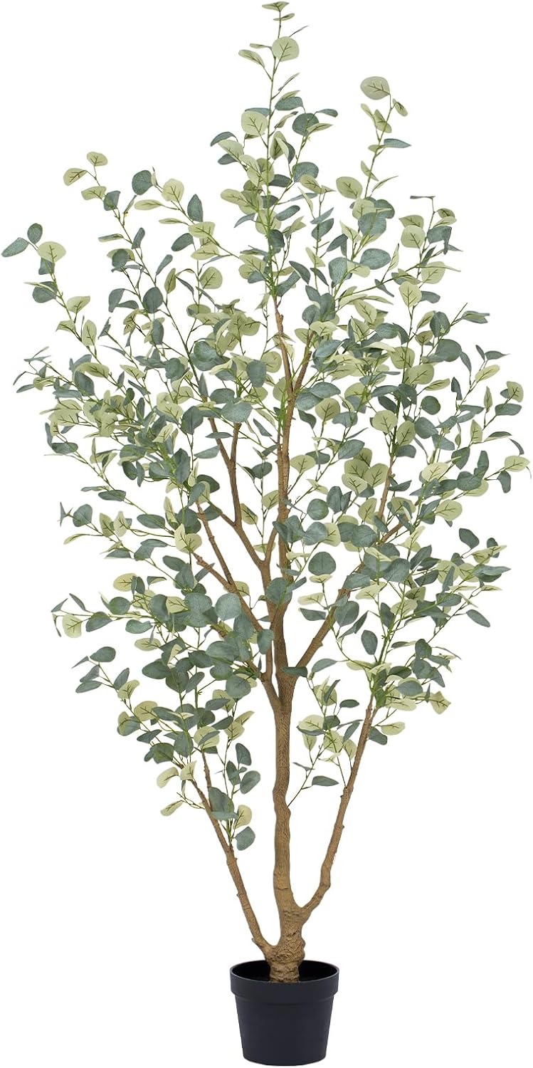 6FT Artificial Eucalyptus Tree Indoor, Faux Eucalyptus Tree with 636 Silk Leaves, Tall Fake Tree - Artificial Tree Indoor for Living Room Office Bedroom Home Decor
