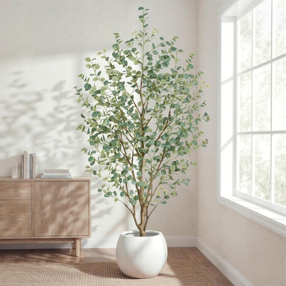 6FT Artificial Eucalyptus Tree Indoor, Faux Eucalyptus Tree with 636 Silk Leaves, Tall Fake Tree - Artificial Tree Indoor for Living Room Office Bedroom Home Decor