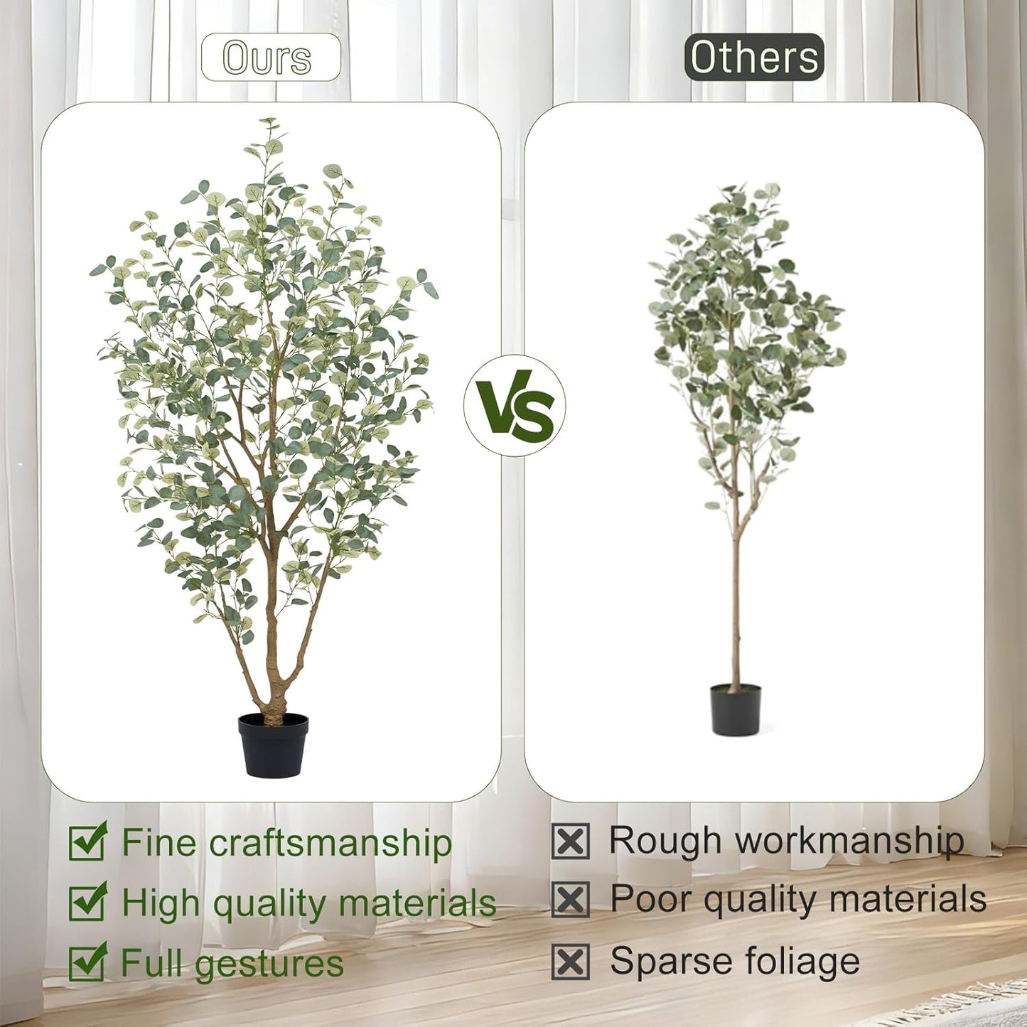6FT Artificial Eucalyptus Tree Indoor, Faux Eucalyptus Tree with 636 Silk Leaves, Tall Fake Tree - Artificial Tree Indoor for Living Room Office Bedroom Home Decor