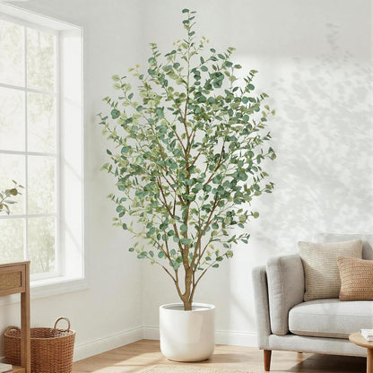 6FT Artificial Eucalyptus Tree Indoor, Faux Eucalyptus Tree with 636 Silk Leaves, Tall Fake Tree - Artificial Tree Indoor for Living Room Office Bedroom Home Decor