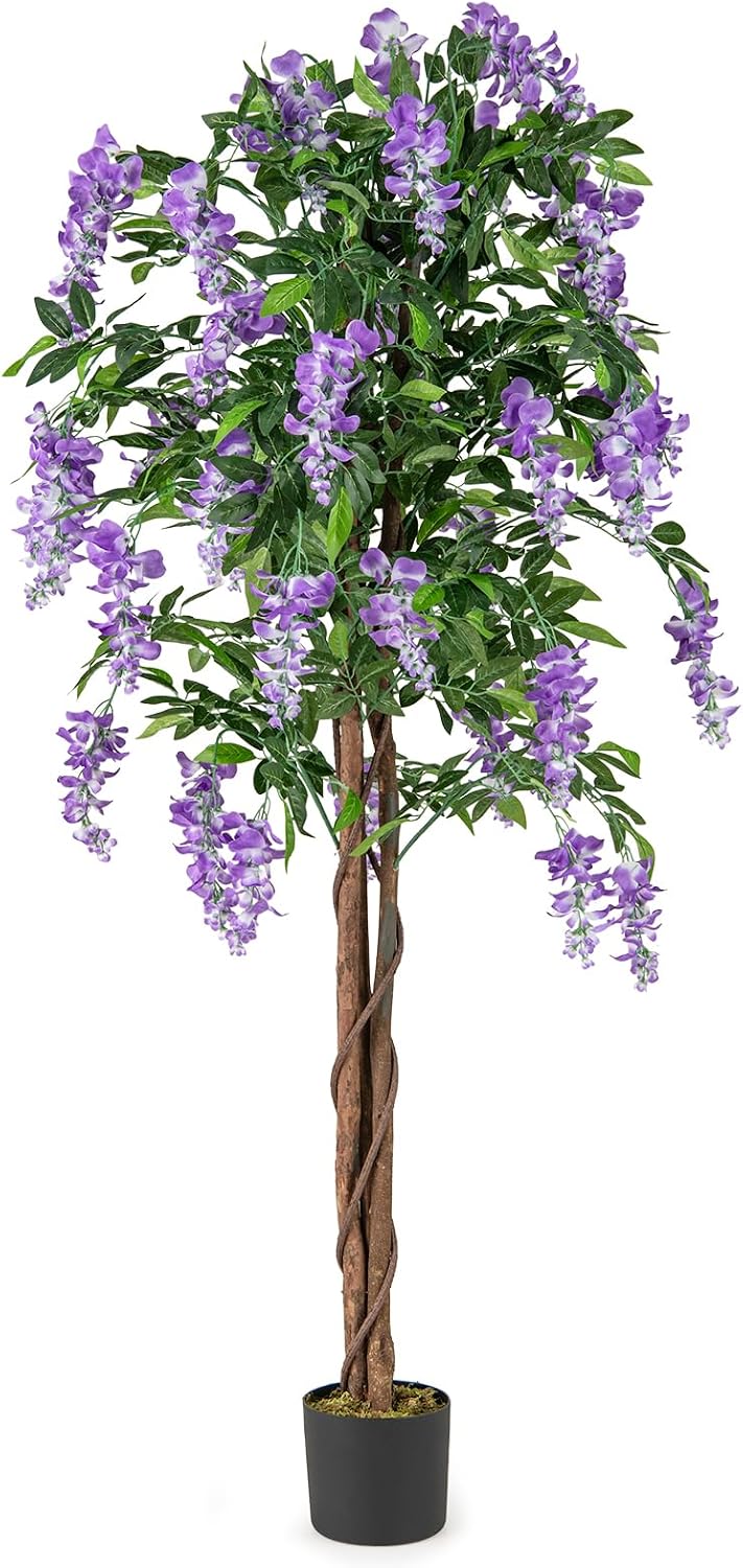 5.5FT Fake Wisteria Plant, Tall Artificial Tree in Nursery Pot with Purple Flowers, Solid Wood Trunk, Realistic Moss, Potted Greenery Plant for Indoor Outdoor Home Office Porch