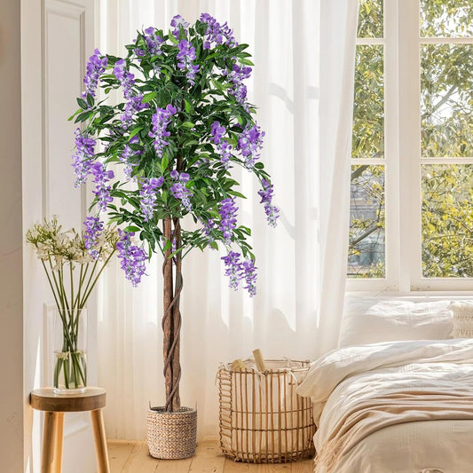 5.5FT Fake Wisteria Plant, Tall Artificial Tree in Nursery Pot with Purple Flowers, Solid Wood Trunk, Realistic Moss, Potted Greenery Plant for Indoor Outdoor Home Office Porch