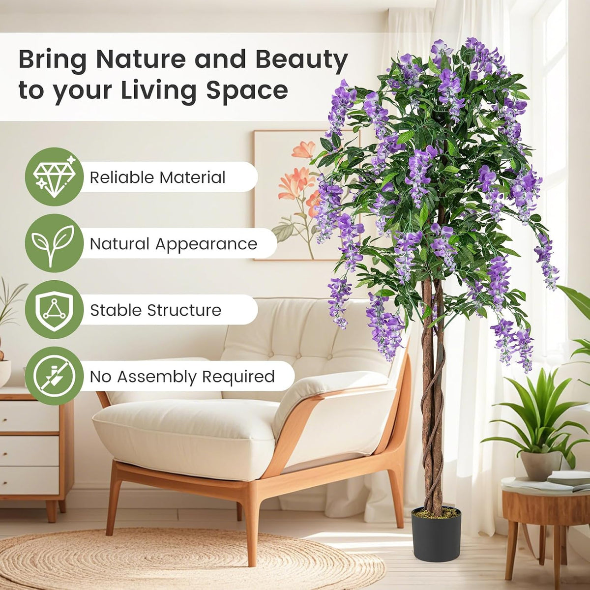 5.5FT Fake Wisteria Plant, Tall Artificial Tree in Nursery Pot with Purple Flowers, Solid Wood Trunk, Realistic Moss, Potted Greenery Plant for Indoor Outdoor Home Office Porch