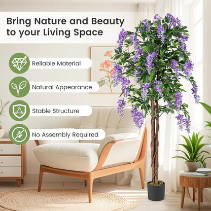 5.5FT Fake Wisteria Plant, Tall Artificial Tree in Nursery Pot with Purple Flowers, Solid Wood Trunk, Realistic Moss, Potted Greenery Plant for Indoor Outdoor Home Office Porch