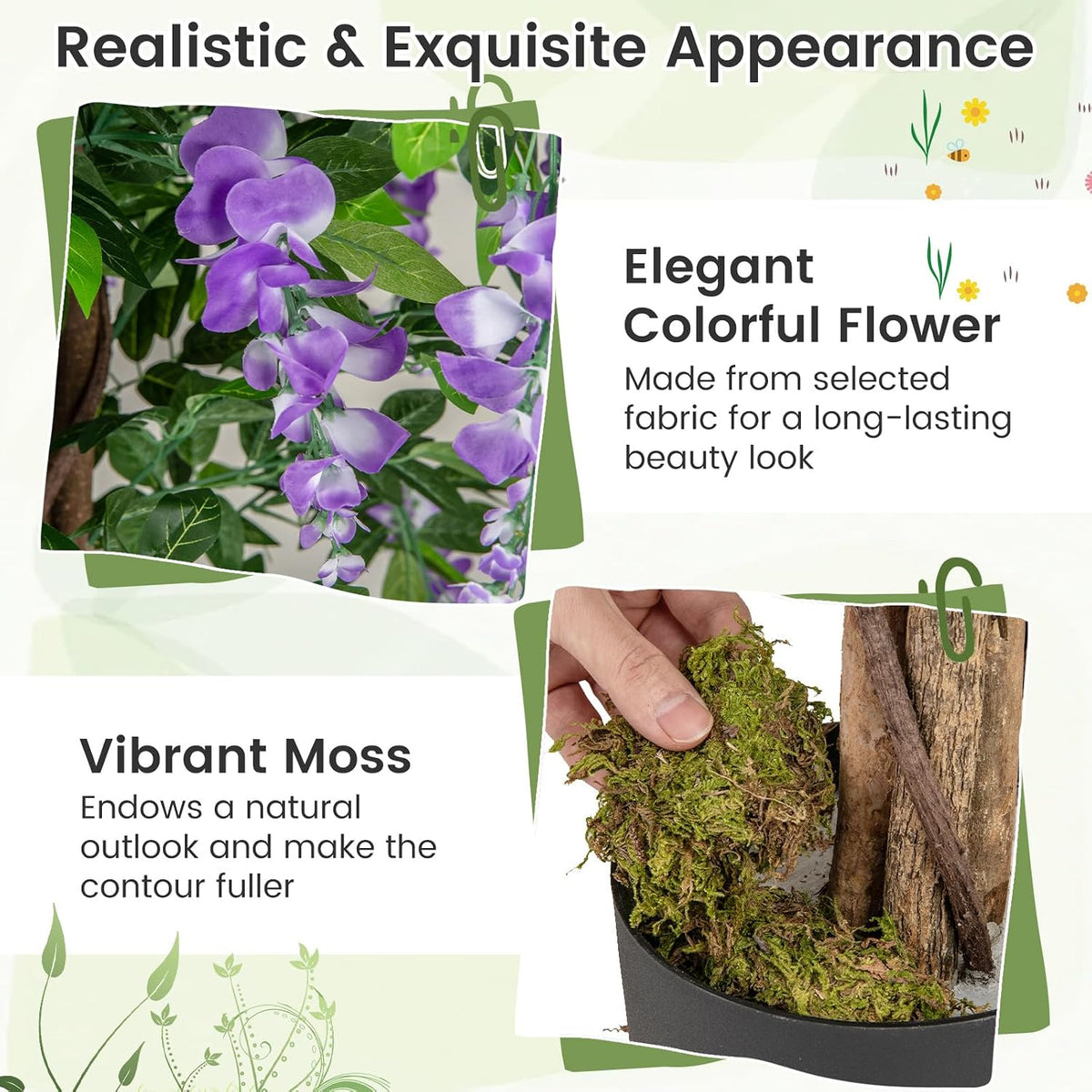 5.5FT Fake Wisteria Plant, Tall Artificial Tree in Nursery Pot with Purple Flowers, Solid Wood Trunk, Realistic Moss, Potted Greenery Plant for Indoor Outdoor Home Office Porch