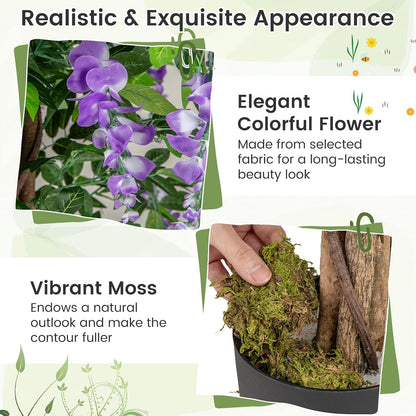 5.5FT Fake Wisteria Plant, Tall Artificial Tree in Nursery Pot with Purple Flowers, Solid Wood Trunk, Realistic Moss, Potted Greenery Plant for Indoor Outdoor Home Office Porch