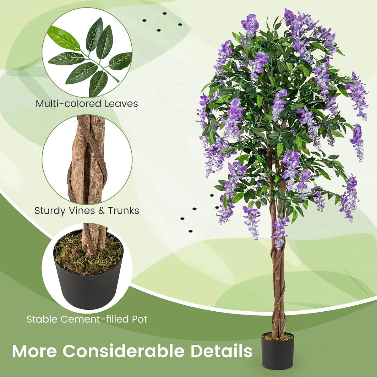 5.5FT Fake Wisteria Plant, Tall Artificial Tree in Nursery Pot with Purple Flowers, Solid Wood Trunk, Realistic Moss, Potted Greenery Plant for Indoor Outdoor Home Office Porch