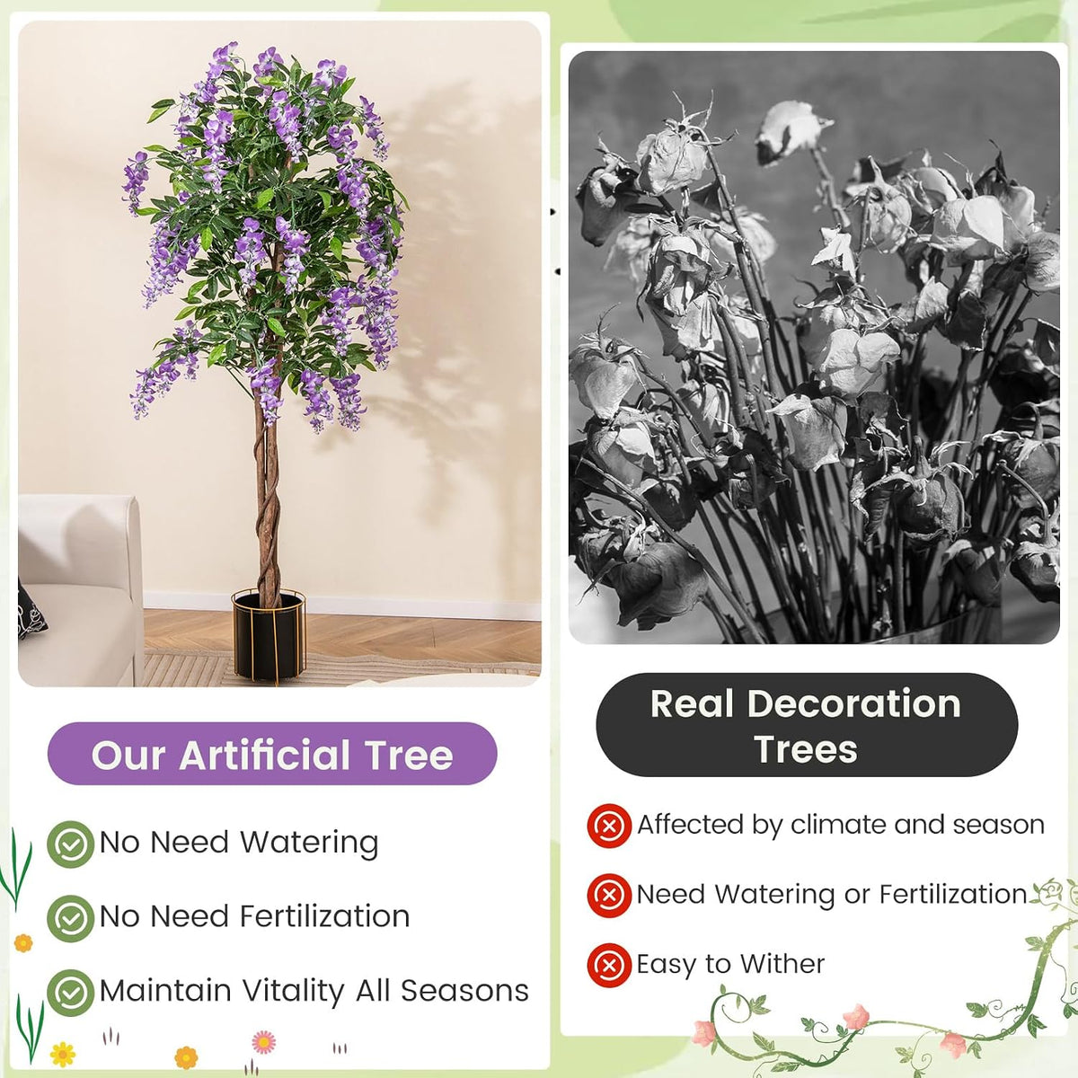 5.5FT Fake Wisteria Plant, Tall Artificial Tree in Nursery Pot with Purple Flowers, Solid Wood Trunk, Realistic Moss, Potted Greenery Plant for Indoor Outdoor Home Office Porch