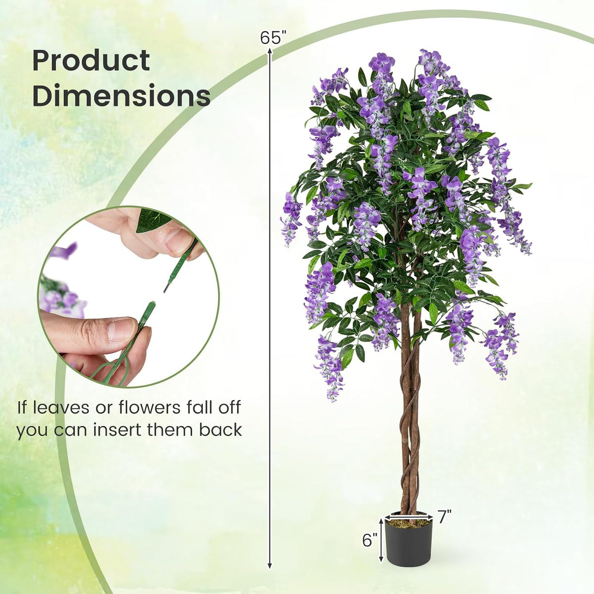 5.5FT Fake Wisteria Plant, Tall Artificial Tree in Nursery Pot with Purple Flowers, Solid Wood Trunk, Realistic Moss, Potted Greenery Plant for Indoor Outdoor Home Office Porch