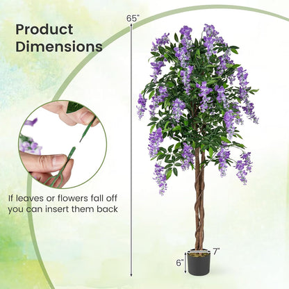5.5FT Fake Wisteria Plant, Tall Artificial Tree in Nursery Pot with Purple Flowers, Solid Wood Trunk, Realistic Moss, Potted Greenery Plant for Indoor Outdoor Home Office Porch