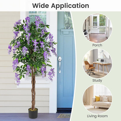 5.5FT Fake Wisteria Plant, Tall Artificial Tree in Nursery Pot with Purple Flowers, Solid Wood Trunk, Realistic Moss, Potted Greenery Plant for Indoor Outdoor Home Office Porch