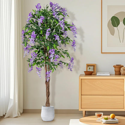 5.5FT Fake Wisteria Plant, Tall Artificial Tree in Nursery Pot with Purple Flowers, Solid Wood Trunk, Realistic Moss, Potted Greenery Plant for Indoor Outdoor Home Office Porch