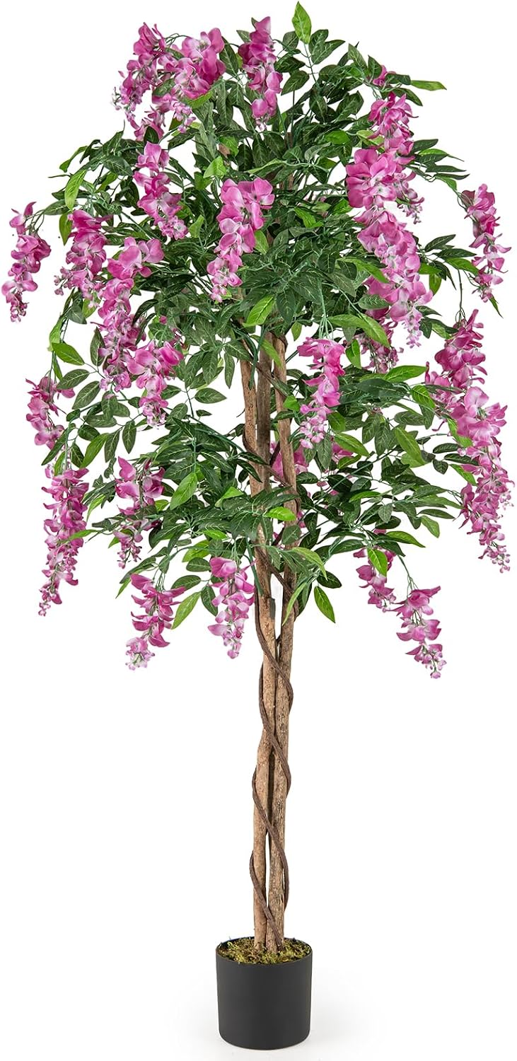 5.5FT Fake Wisteria Plant, Tall Artificial Tree in Nursery Pot with Purple Flowers, Solid Wood Trunk, Realistic Moss, Potted Greenery Plant for Indoor Outdoor Home Office Porch
