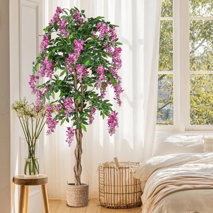 5.5FT Fake Wisteria Plant, Tall Artificial Tree in Nursery Pot with Purple Flowers, Solid Wood Trunk, Realistic Moss, Potted Greenery Plant for Indoor Outdoor Home Office Porch