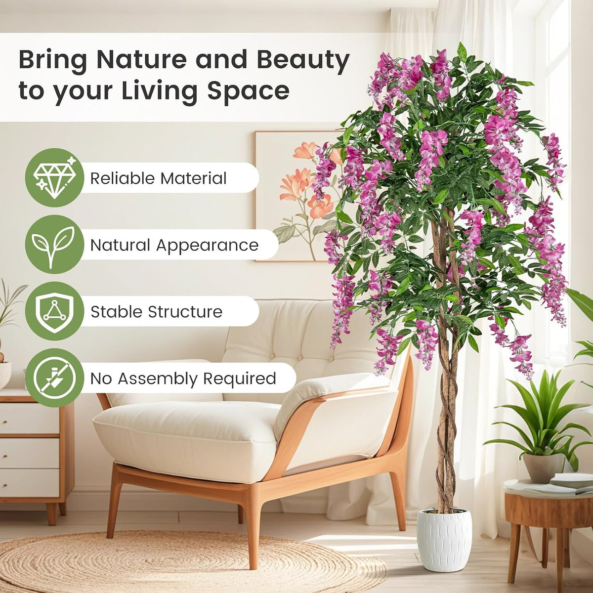 5.5FT Fake Wisteria Plant, Tall Artificial Tree in Nursery Pot with Purple Flowers, Solid Wood Trunk, Realistic Moss, Potted Greenery Plant for Indoor Outdoor Home Office Porch