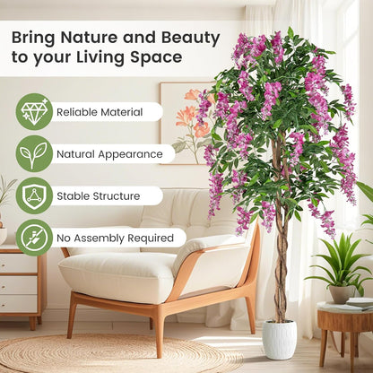 5.5FT Fake Wisteria Plant, Tall Artificial Tree in Nursery Pot with Purple Flowers, Solid Wood Trunk, Realistic Moss, Potted Greenery Plant for Indoor Outdoor Home Office Porch