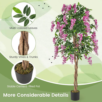 5.5FT Fake Wisteria Plant, Tall Artificial Tree in Nursery Pot with Purple Flowers, Solid Wood Trunk, Realistic Moss, Potted Greenery Plant for Indoor Outdoor Home Office Porch