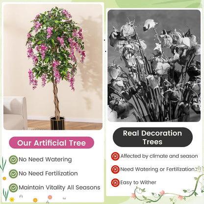 5.5FT Fake Wisteria Plant, Tall Artificial Tree in Nursery Pot with Purple Flowers, Solid Wood Trunk, Realistic Moss, Potted Greenery Plant for Indoor Outdoor Home Office Porch